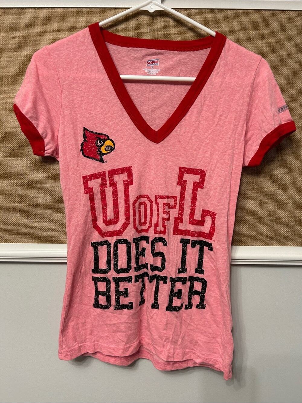 Soffe Pink V-Neck Tee with Red Trim and Cardinal Graphic